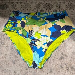 aerie High-Waisted Swim Bottoms in Neon Yellow and Blue Floral